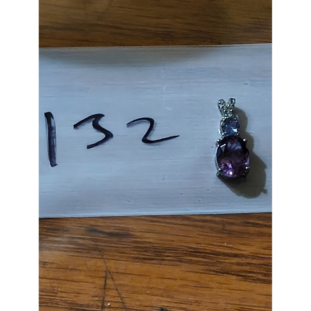 Vintage 925 Silver Purple Oval Gemstone Drop Pendant Charm Crystal Pave Accent